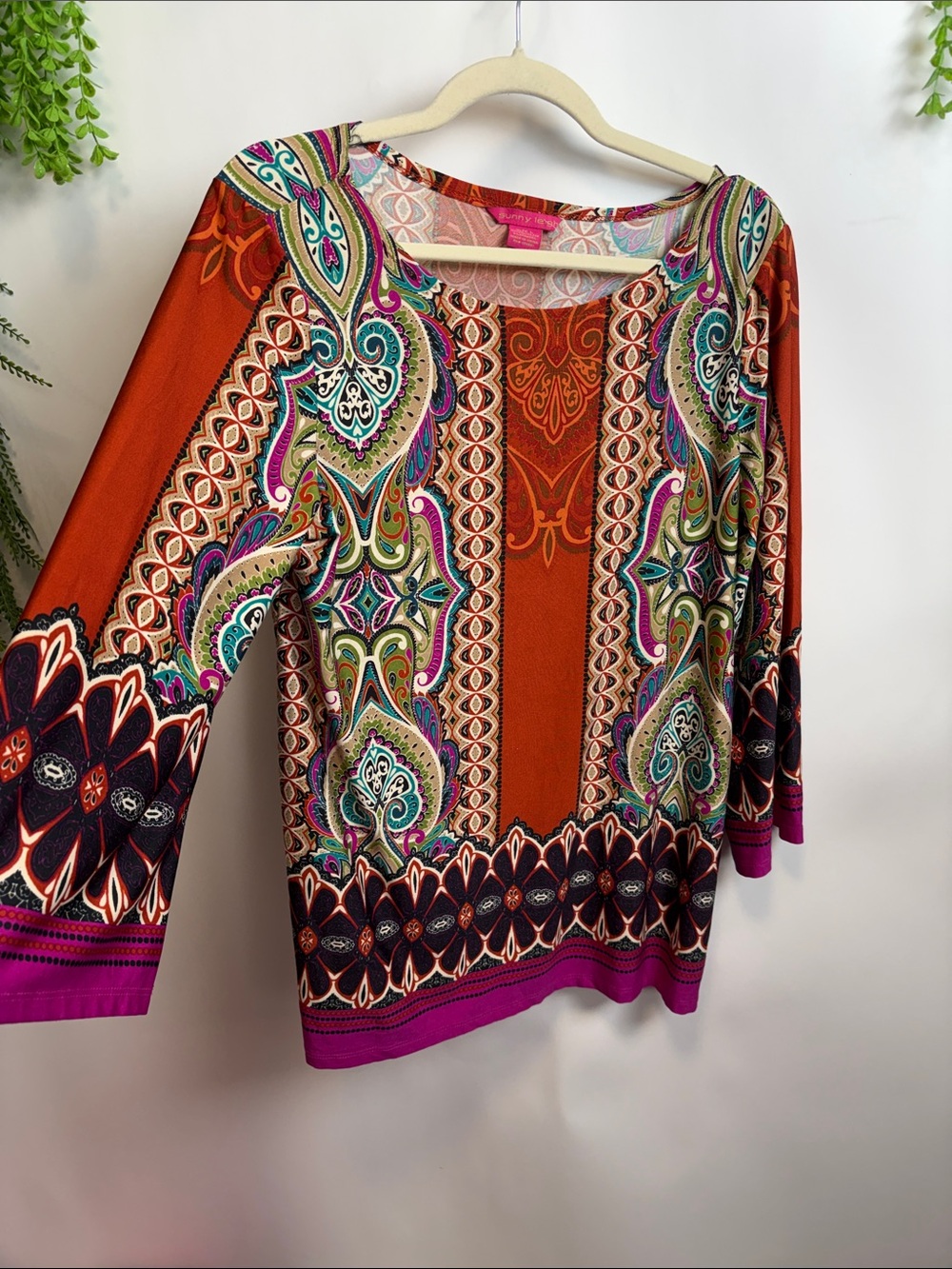 Sunny Leigh Paisley Print Scoop Neck Long Sleeve Top - Orange & Pink